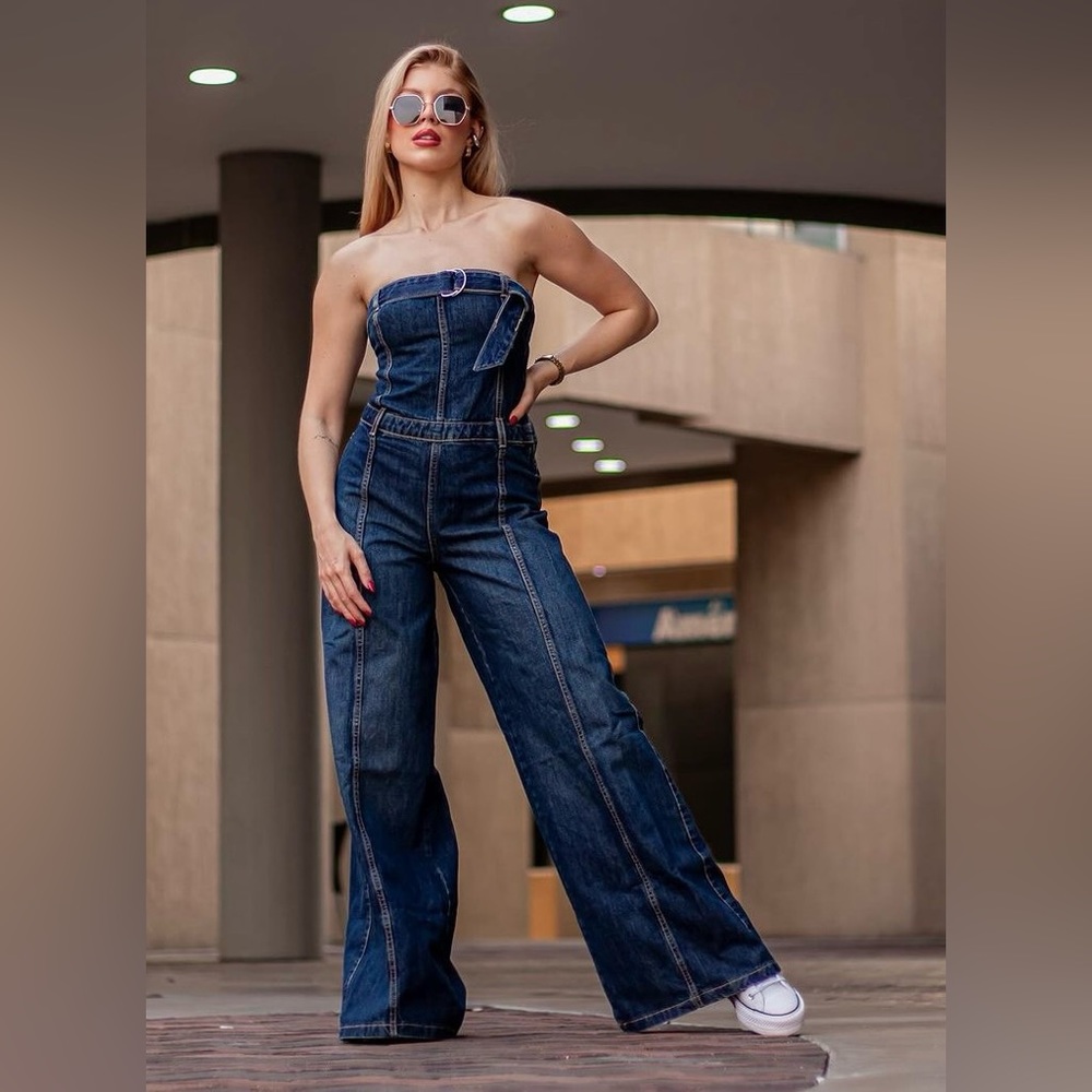 Zara Dark Blue Denim Strapless Jumpsuit